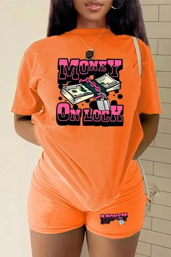 casual plus size slight stretch 6 colors letter printing orange shorts sets