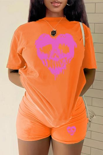 casual plus size slight stretch 6 colors heart printing orange shorts sets