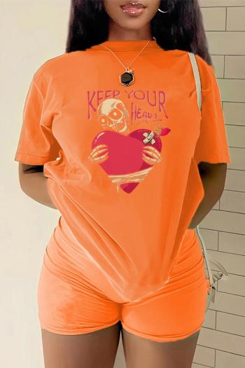 casual plus size stretch 6 colors crew neck letter printing orange shorts sets