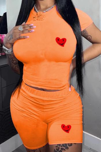 casual plus size slight stretch heart printing crew neck orange shorts sets