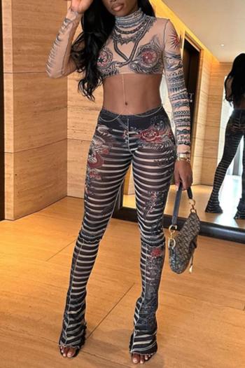sexy slight stretch see-through mesh fixed printing crew neck pants sets