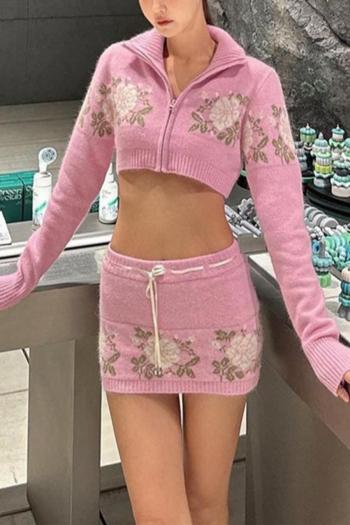sexy slight stretch ribbed knit flower jacquard zip-up mini skirt sets