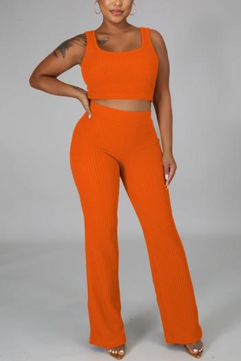 sexy plus size high stretch solid sling orange crop vest high waist pants sets