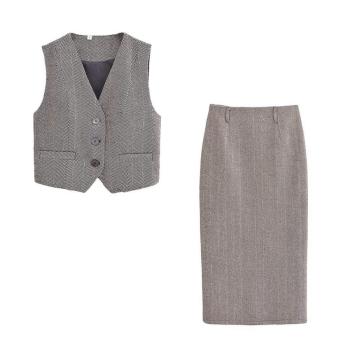 stylish non-stretch crop vest pair with slit midi skirt sets