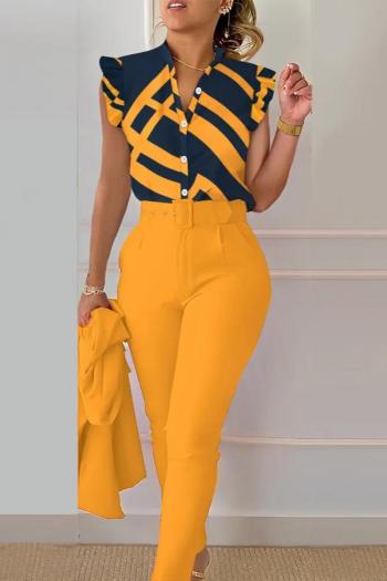 sexy plus size slight stretch orange contrast color with belt pants sets