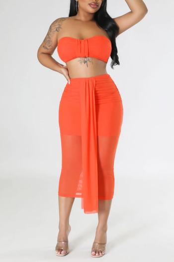 sexy plus size slight stretch mesh orange strapless crop top midi skirt sets