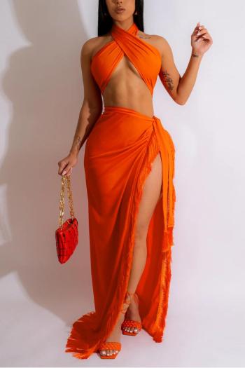 sexy plus size slight stretch orange tassel halter neck halter skirt sets
