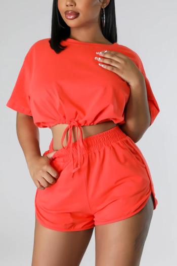 stylish plus size non-stretch orange crop top drawstring shorts sets