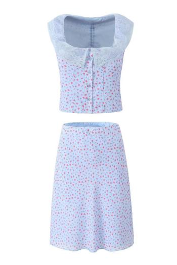 stylish non-stretch floral print lace stitching vest & skirt set(size run small)