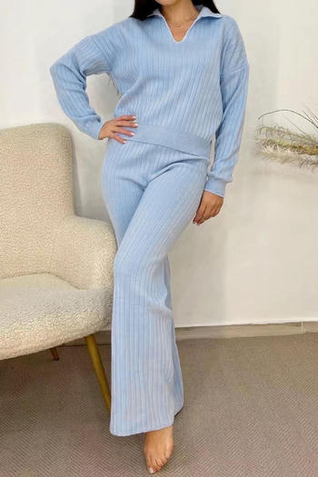 casual slight stretch ribbed knit 5 colors solid color lapel pants sets