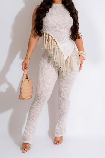 sexy plus size high stretch fringe knit vest pants set