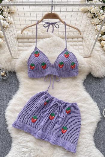 sexy slight stretch ribbed knit strawberry crochet halter-neck padded skirt sets