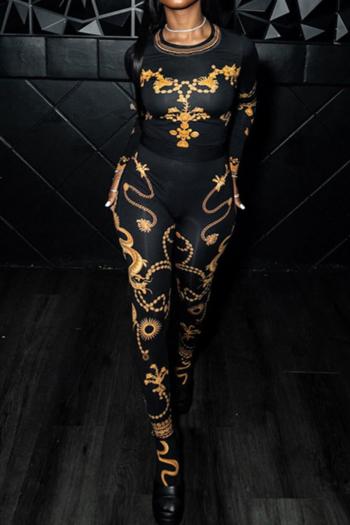 sexy slight stretch chain fixed printing crew neck pants sets