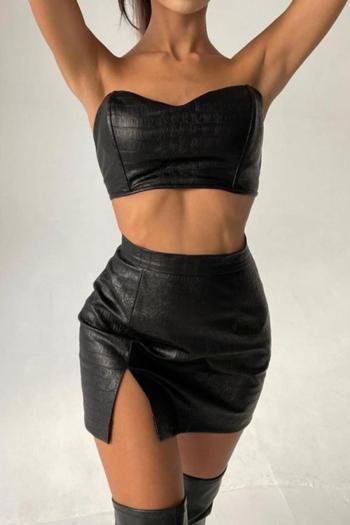 sexy slight stretch pu leather bandeau & mini skirt set