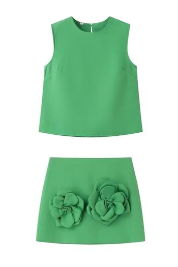 stylish office lady non-stretch 3 colors vest & 3d flower mini skirt set