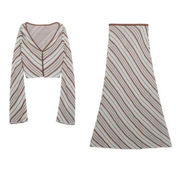 high stretch v-neck stripe stylish sexy knitted skirt set (size run small)