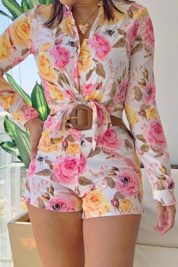 casual plus size non-stretch floral print shorts set with belt(no underwear)