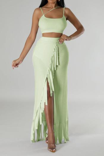 sexy plus size slight stretch solid color sling crop vest tassel maxi skirt set