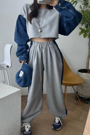 casual non-stretch denim patchwork loose high-waist pants set size run small