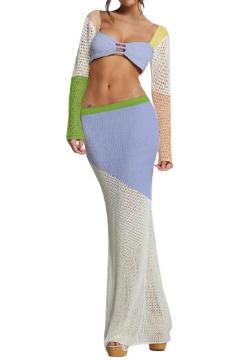 sexy slight stretch contrast color ribbed knit square neck maxi skirt sets