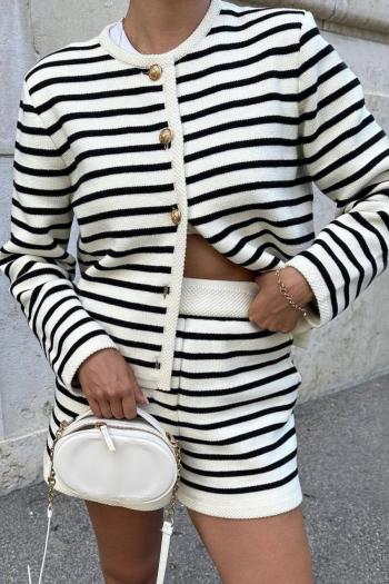 stylish slight stretch stripe knitted single-breasted sweater top & shorts set