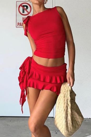 sexy slight stretch red tassel sleeveless top & cascading ruffle short skirt set