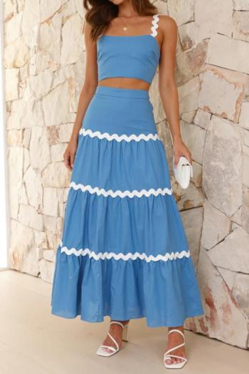 sexy non-stretch simple wavy lines sling shirring zip-up maxi skirt set
