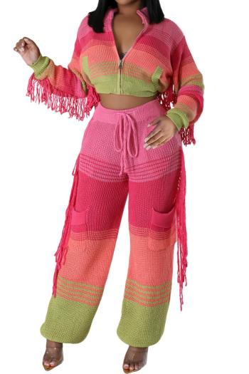 sexy plus size slight stretch ribbed knit contrast color tassel decor pants sets