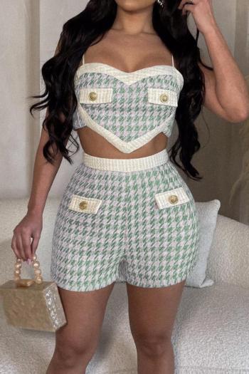 sexy plus size non-stretch houndstooth sling crop backless shorts set