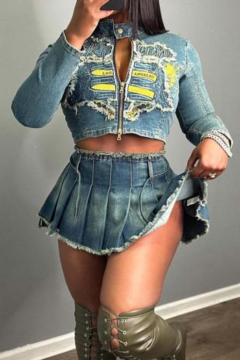 stylish plus size slight stretch denim embroidery jacket & skirt set(with belt)