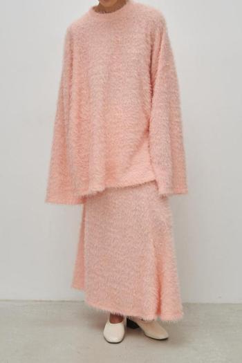 new casual slight stretch knitted long-sleeved loose pink top midi skirts set