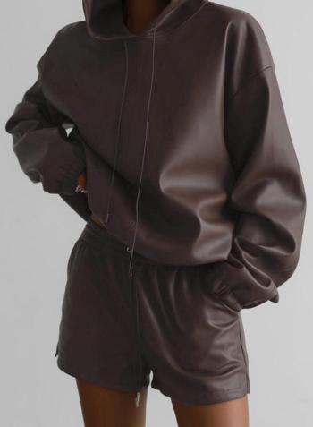 casual fashion slight stretch pu leather hooded sweatshirt shorts set