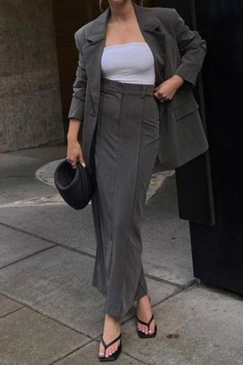 stylish style slight stretch gray striped blazer slit midi skirt set