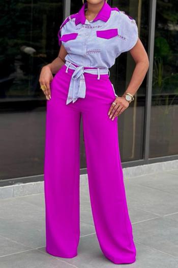 casual plus size non stretch lapel contrast color shirt pants set(with belt)
