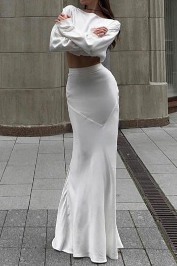 sexy slight stretch white long-sleeved crop top slim fishtail maxi skirt sets