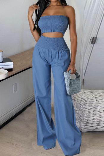 sexy slight stretch solid color shirring tube design wide-legged pants sets