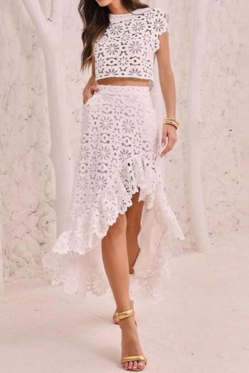 new sexy solid color hllow embroidered flower top asymmetrical ruffle skirt set