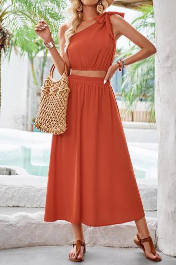 new sexy non-stretch solid color slanted shoulder waist tank top midi skirt set
