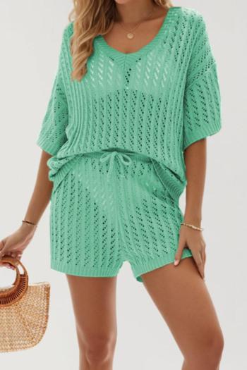 stylish slight stretch hollow out knitted v-neck top & shorts set(no underwear)