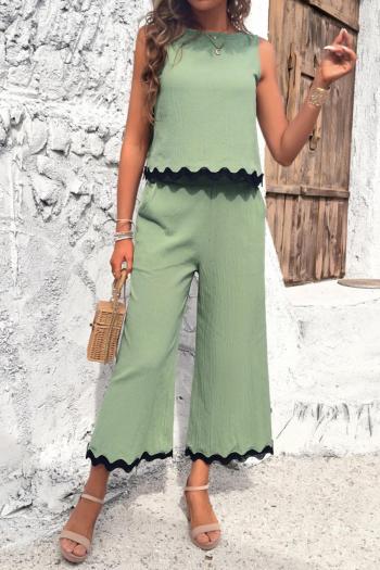 summer stylish contrast color slight stretch casual sleeveless crop pants set