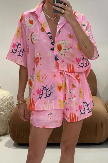 casual non-stretch batch printing loose drawstring single breasted shorts set#2