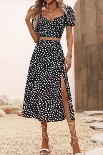 sexy non-stretch crop batch printing high waist high slit midi skirt set