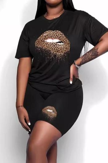 casual plus size stretch leopard lip print short sleeves t-shirt shorts set