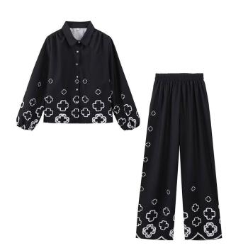 casual non-stretch cross printing lapel pants sets