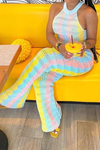 new plus size slight stretch multicolor contract color knitting pants set