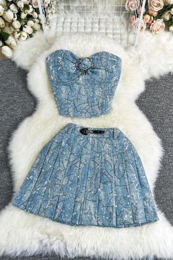 sexy new non-stretch sequins denim top pleated mini skirt set