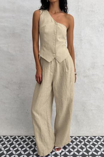 stylish non-stretch solid color one-shoulder linen vest pants set