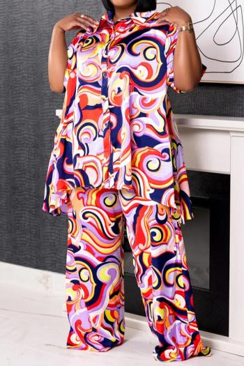 casual plus size slight stretch printed loose blouse & pants set