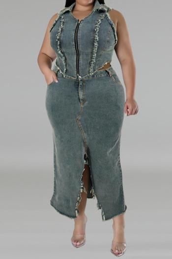stylish plus size slight stretch zip-up slit denim maxi skirt set