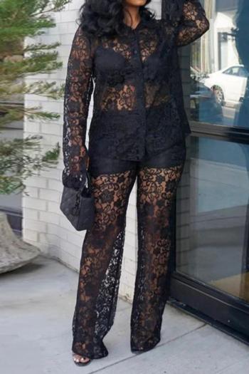 sexy plus size slight stretch lace see-through long sleeve pants set